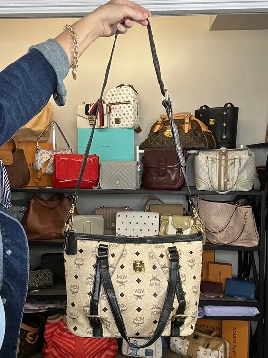 MCM Visetos Satchel Bag Cream Black Leather Trim Crossbody Medium Tote w/ COA - Picture 4 of 15